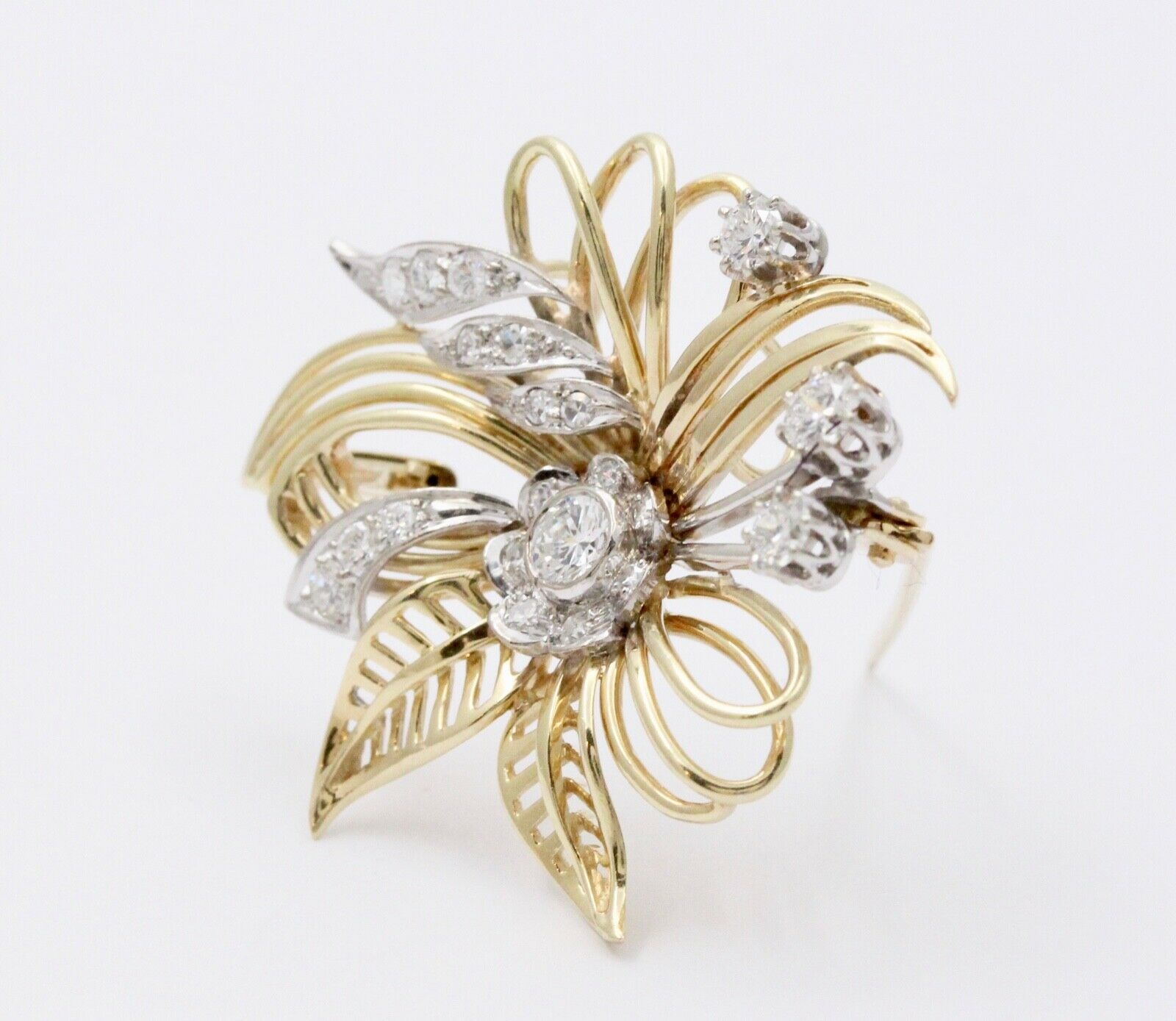 Vintage Flower Diamonds 14K Yellow Gold Pendant Brooch Pin