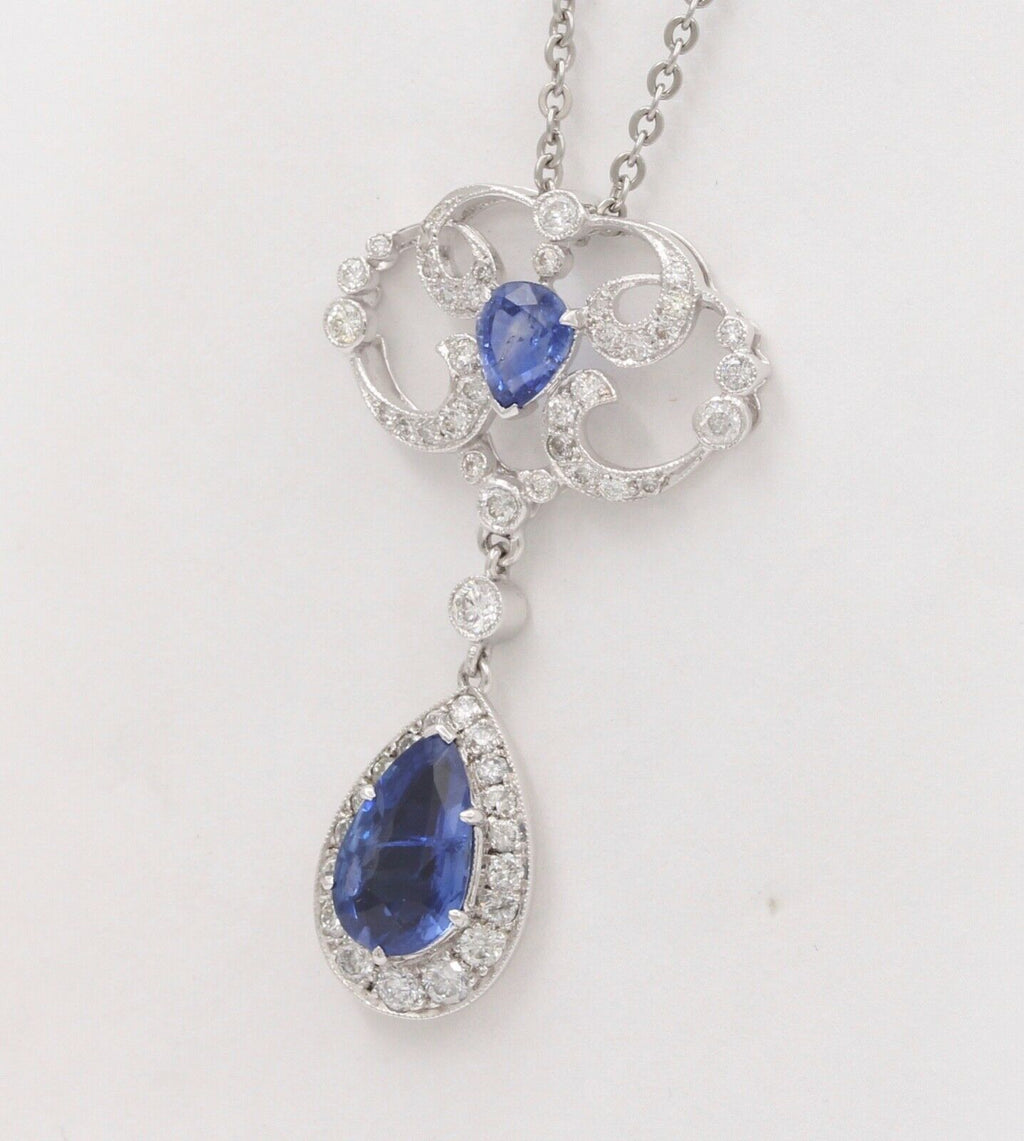 Elegant Blue Sapphires Diamonds 18K White Gold Pendant
