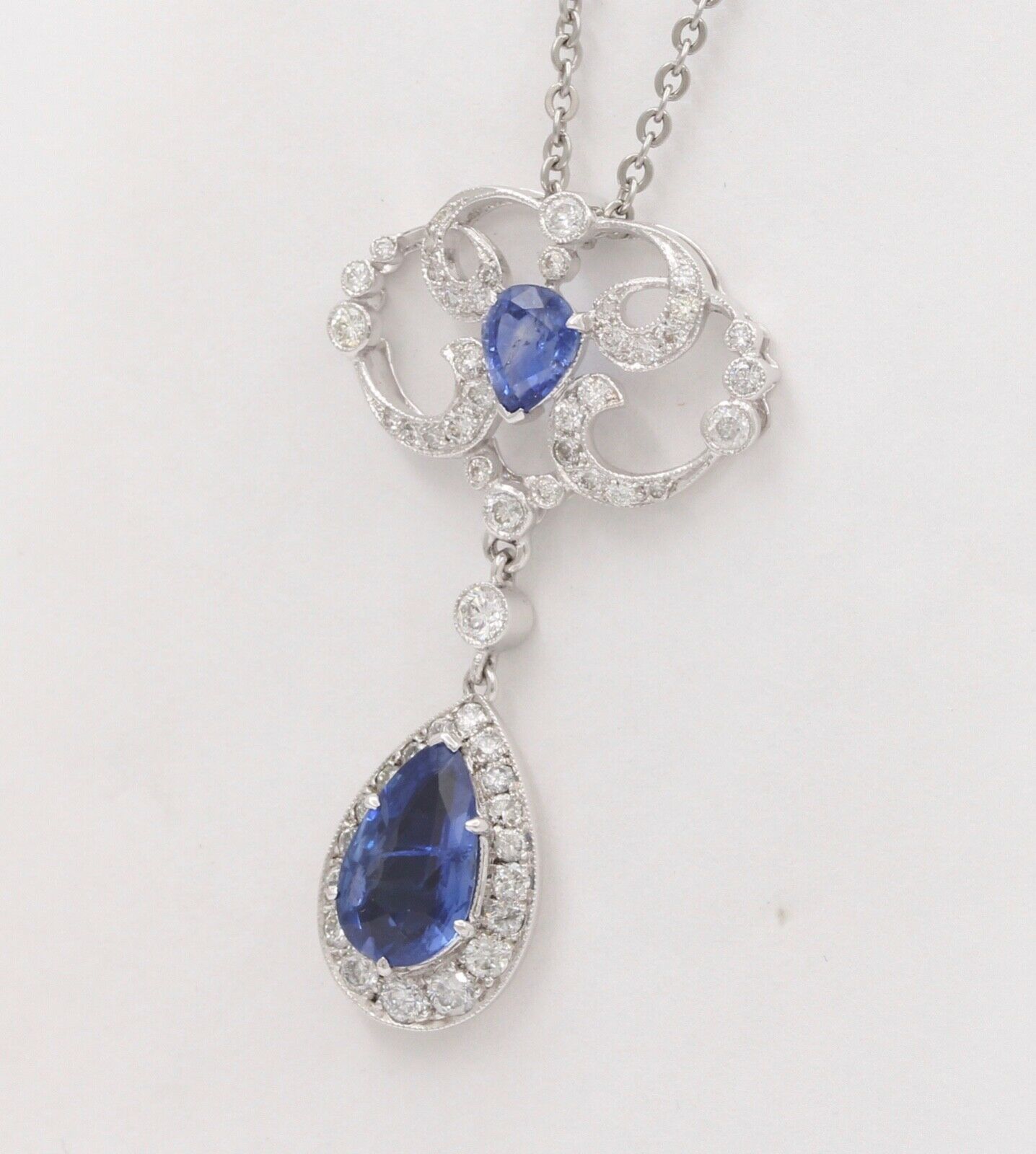 Elegant Blue Sapphires Diamonds 18K White Gold Pendant