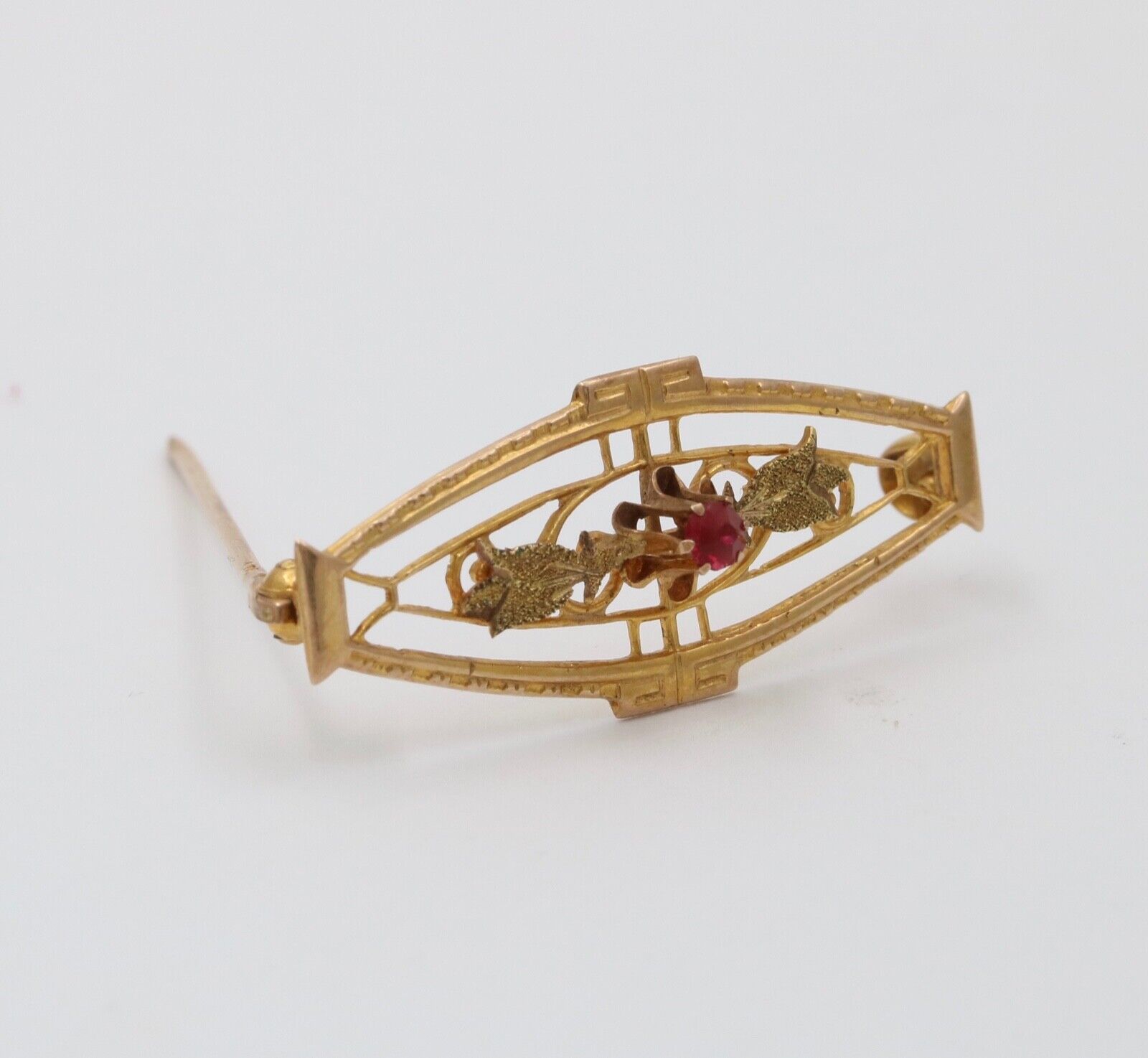 Art Nouveau Ruby 10K Yellow Gold Brooch Pin