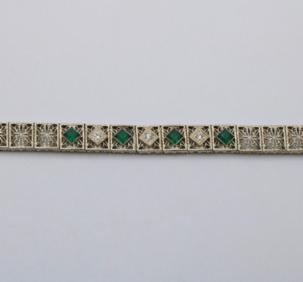 Art Deco Flower Filagree Diamonds Emeralds 14K White Gold Bracelet
