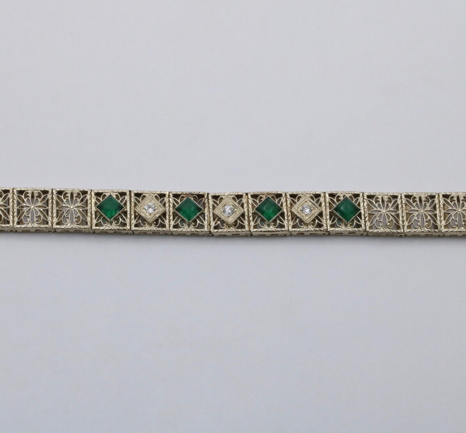 Art Deco Flower Filagree Diamonds Emeralds 14K White Gold Bracelet
