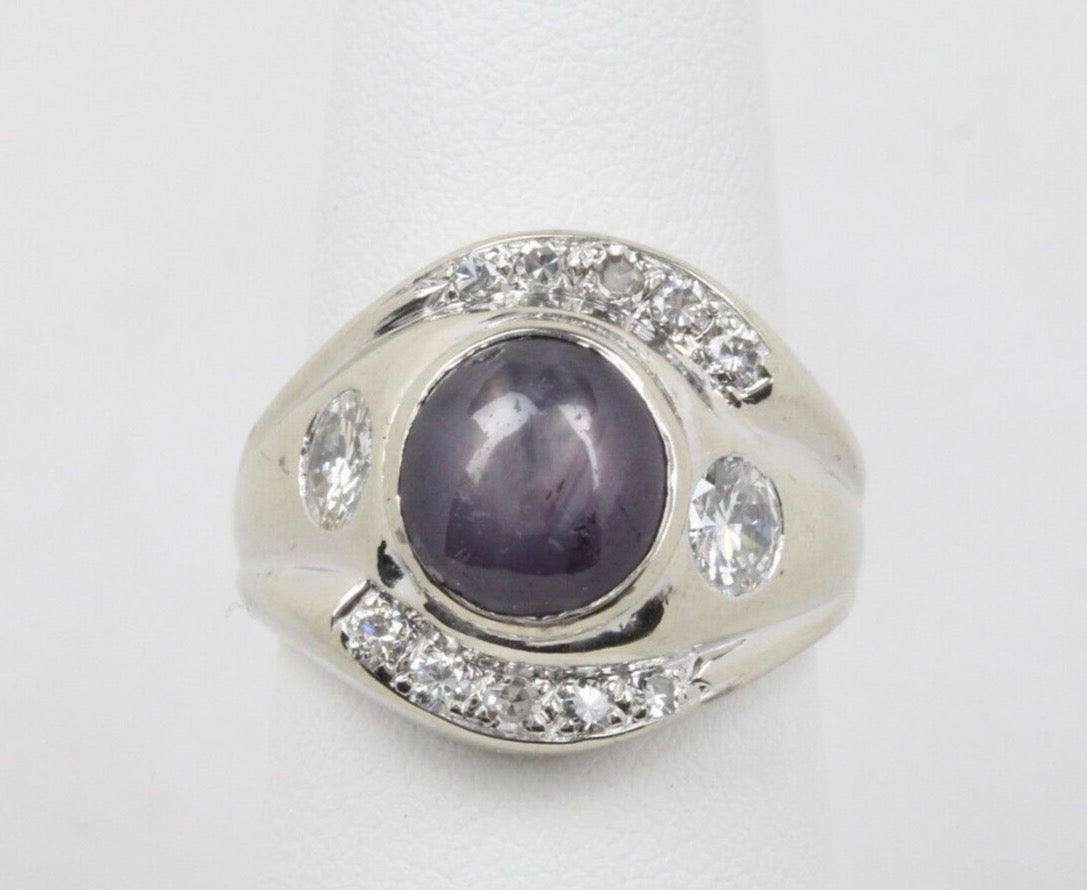 Vintage 14K White Gold Star Ruby Diamond Ring