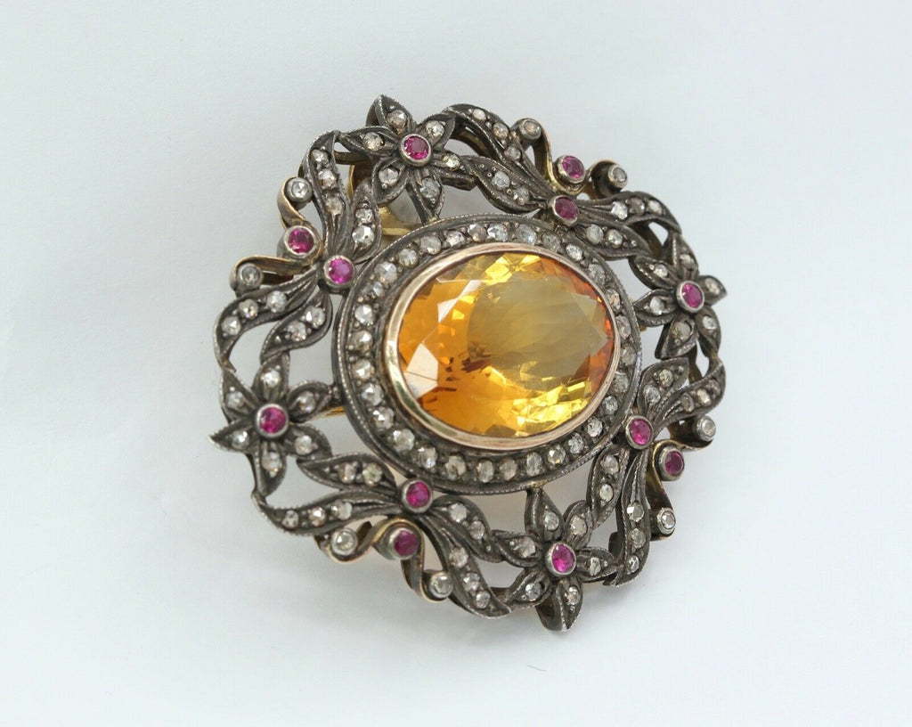 Victorian Revival 18K 14K 925 Citrine Diamonds Rubies Brooch Pendant