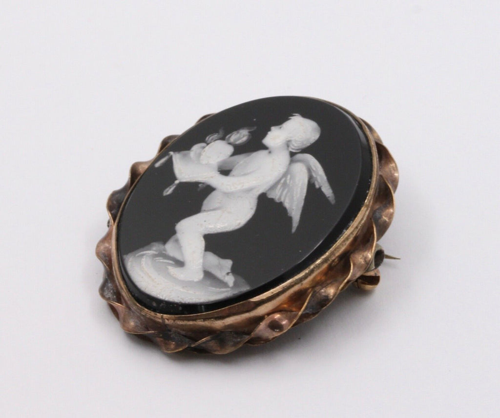 Victorian Cherub Angel Enamel 10K Rose Gold Brooch