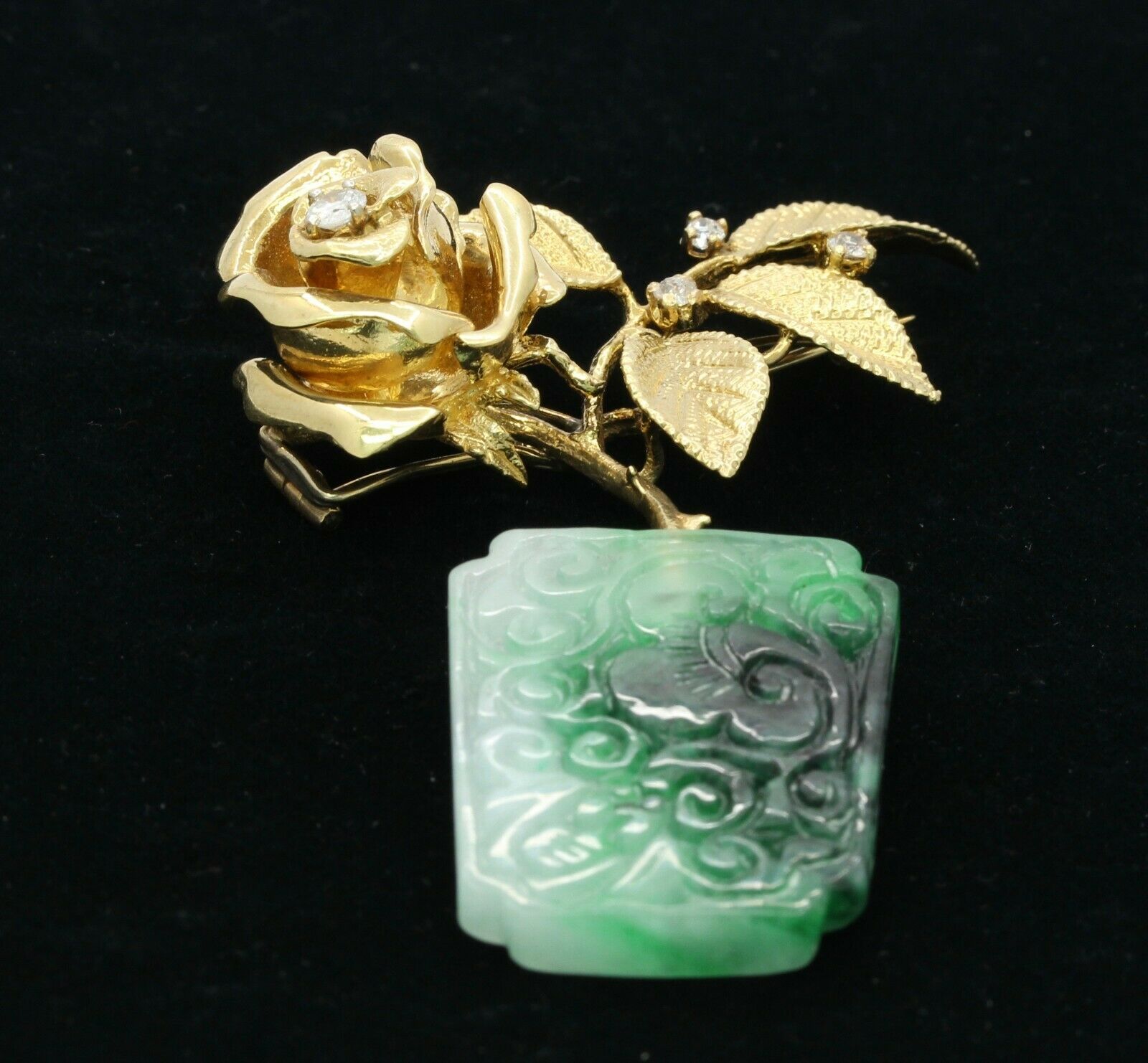 Vintage Heavy Custom Made 18K Yellow Gold Diamond Jade Rose Flower Pot Brooch