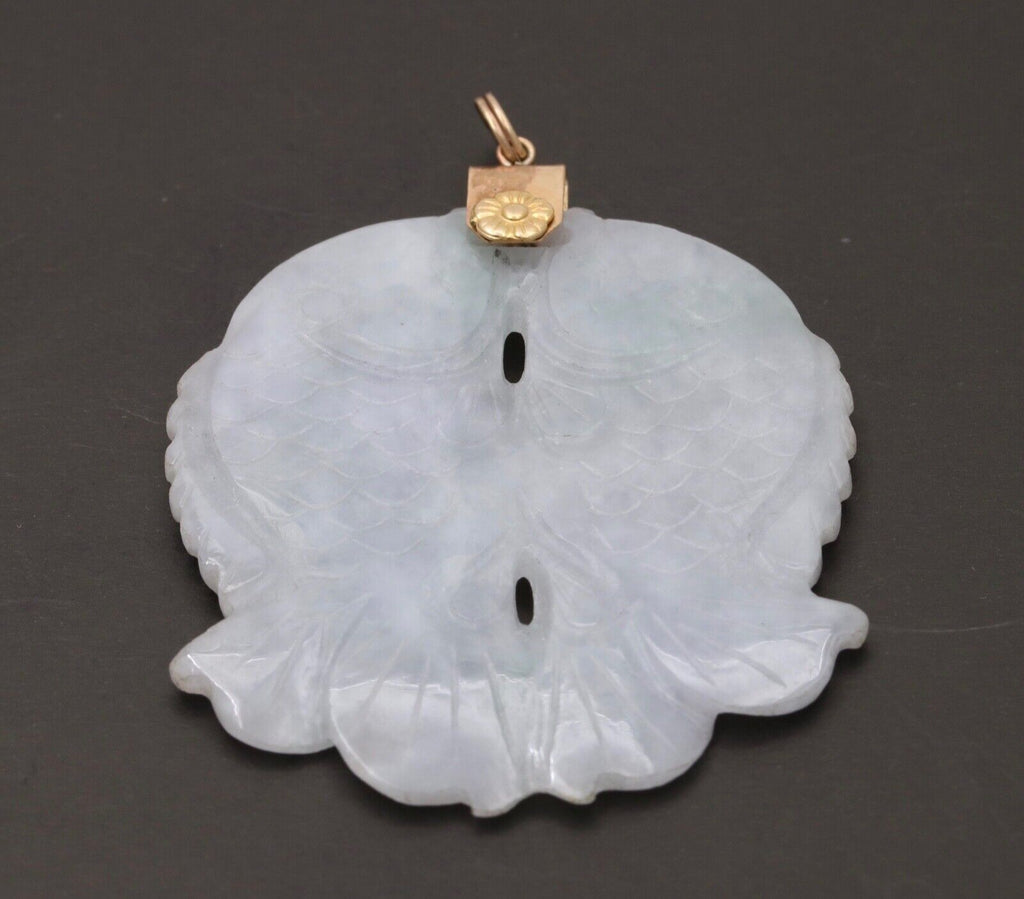 Vintage 10K Yellow Gold Jade Two Carps Good Luck Pendant Charm