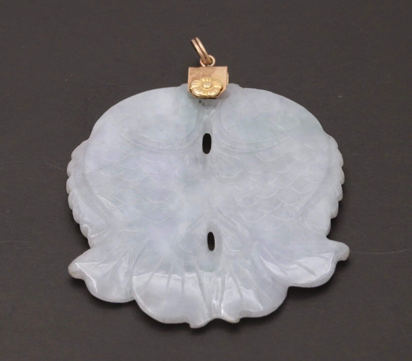 Vintage 10K Yellow Gold Jade Two Carps Good Luck Pendant Charm