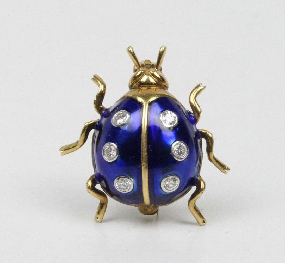 Vintage Ladies 18K Yellow Gold Diamonds Blue Enamel Ladybug Brooch Pin
