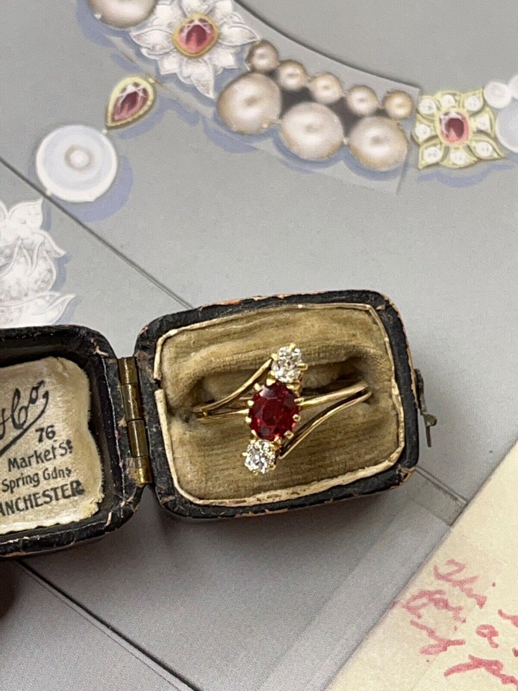 Antique 18K Yellow Gold Ruby And Diamond Bypass Three Stone Ring