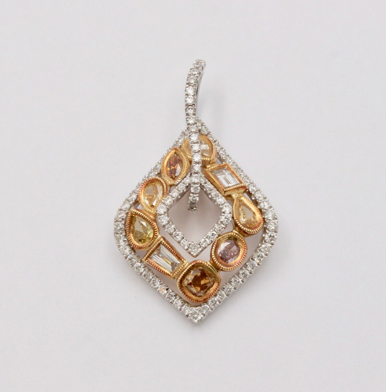 Parade Multi Color Diamond 18K White & Yellow Gold Pendant, Necklace. Estate