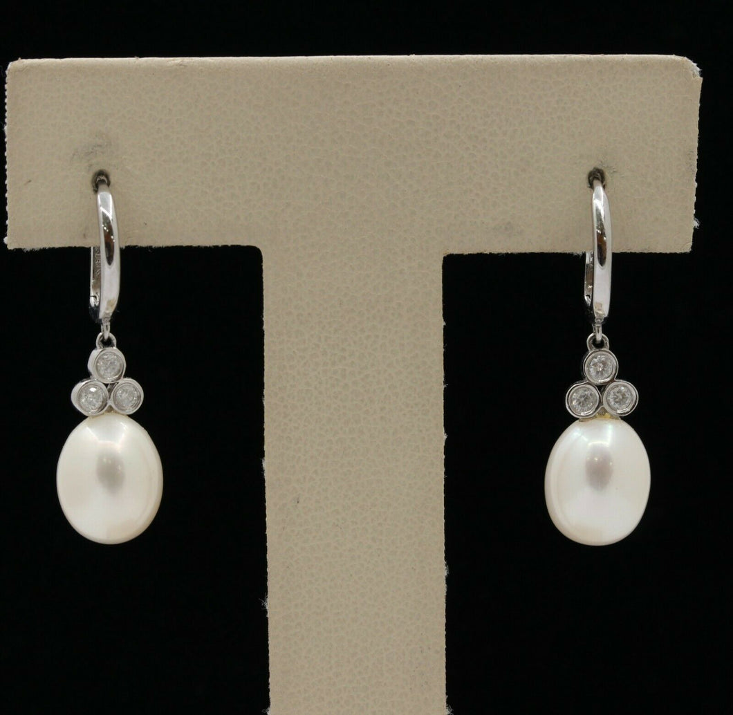 Vintage 14K White Gold Hanging Pearl Diamond Earrings