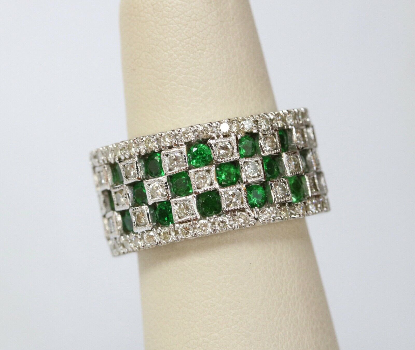 Vintage Checkerboard Tsavorite Garnet and Diamond 18K White Gold Ring