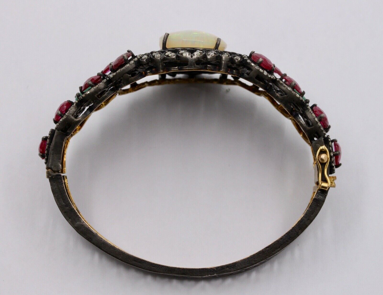 Victorian Revival Opal Rubies Emeralds Tsavorite Diamonds 14K Gold 925 Bangle
