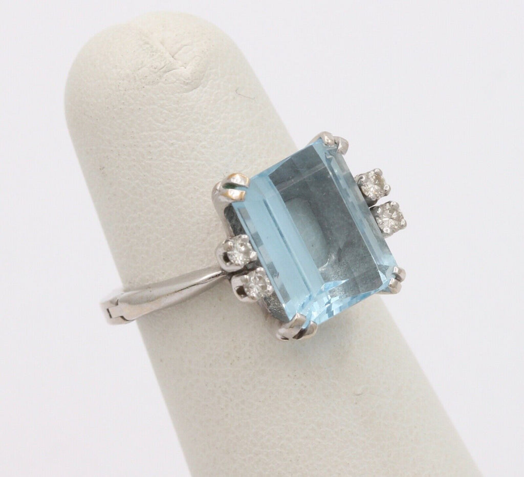 Vintage Natural Aquamarine Diamonds 14K White Gold Expandable Ring