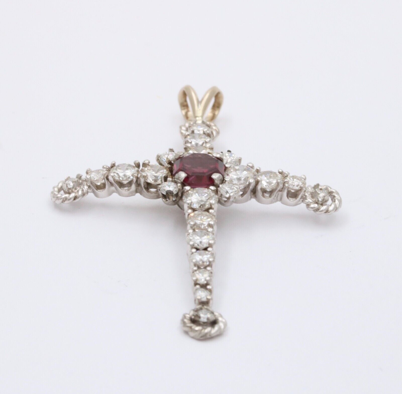 Vintage 10K White Gold Diamond & Rhodolite Garnet Cross Pendant Necklace
