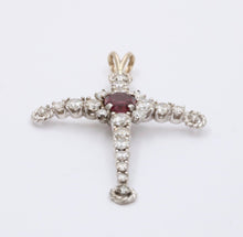 Load image into Gallery viewer, Vintage 10K White Gold Diamond &amp; Rhodolite Garnet Cross Pendant Necklace
