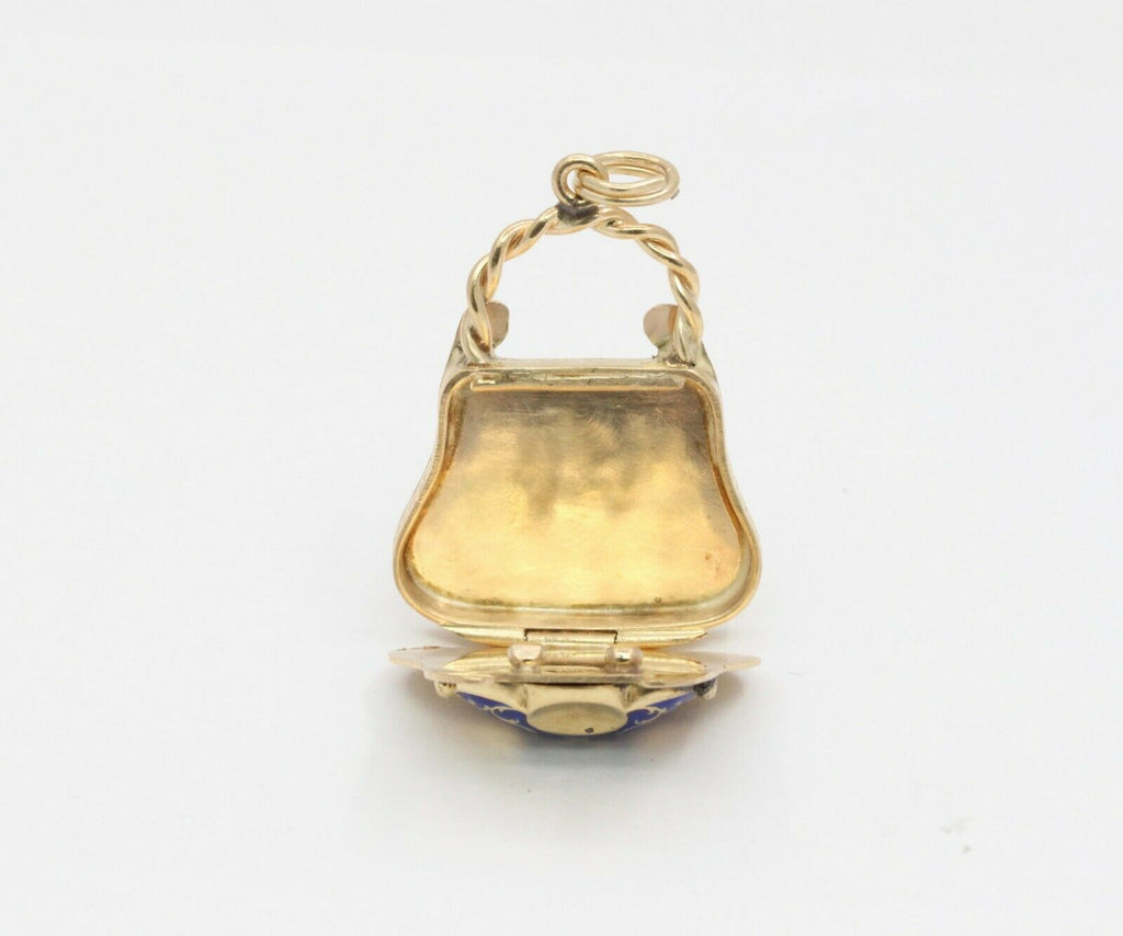 Vintage 14K Yellow Gold Enamel Opening Purse Pendant