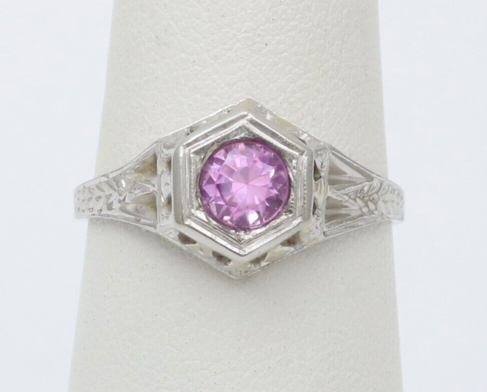 Art Deco 18K White Gold Pink Sapphire Filigree Ring Band, Engagement Ring