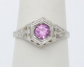 Art Deco 18K White Gold Pink Sapphire Filigree Ring Band, Engagement Ring