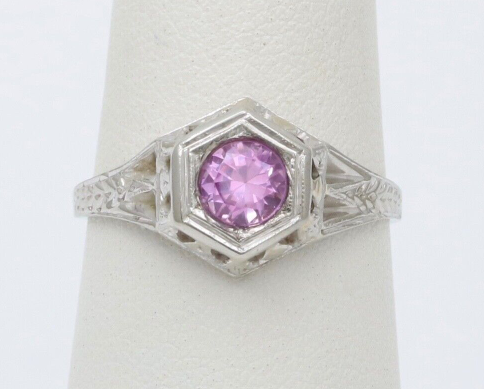 Art Deco 18K White Gold Pink Sapphire Filigree Ring Band , Engagement Ring