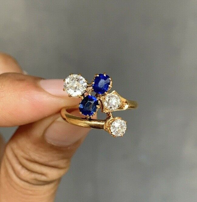 Vintage 18K Gold Chunky Old Mine Cut Diamond & Sapphire Snake Wrap Bypass Ring.