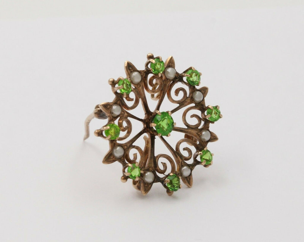 Sweet Victorian Scrolling Green Garnet And Split Pearl Brooch Pin, Pendant, Watc