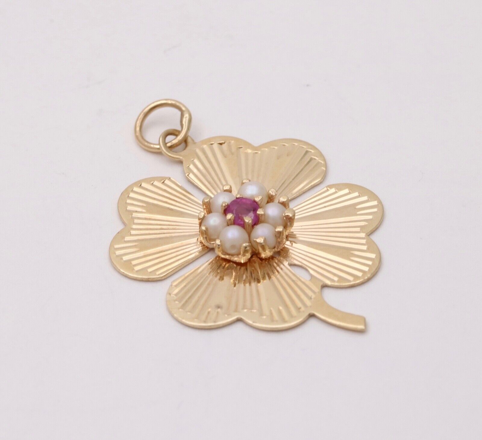 Vintage 14K Yellow Gold Four Leaf Clover Pearl & Ruby Charm Pendant