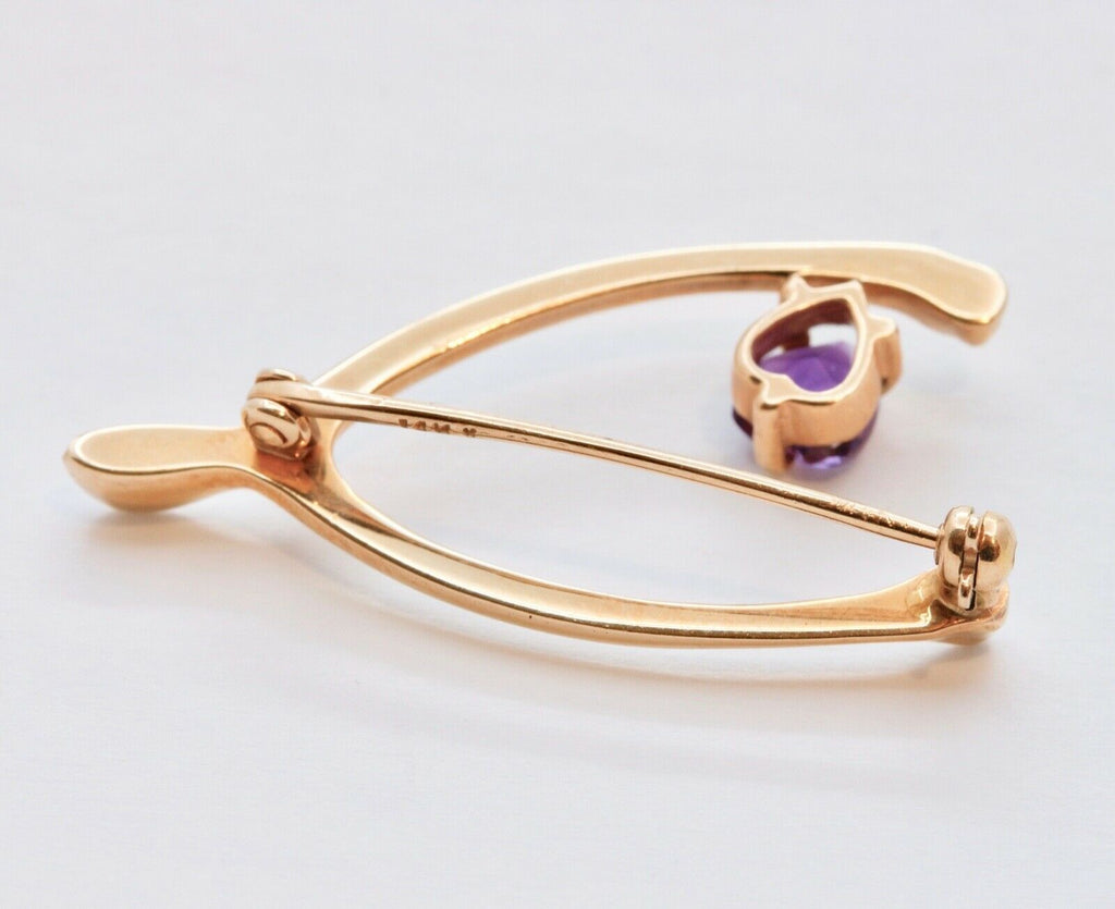 Vintage Lucky 14K Yellow Gold Wishbone Heart Amethyst Pendant Pin