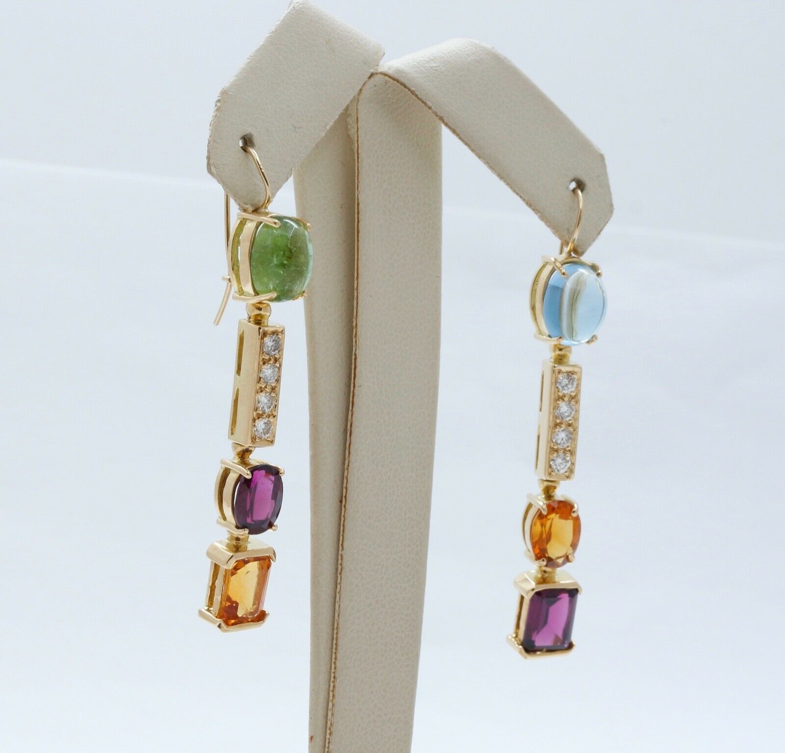 Vintage 18K Multi Stone Dangle Earrings Topaz Peridot Amethyst Diamonds Citrine