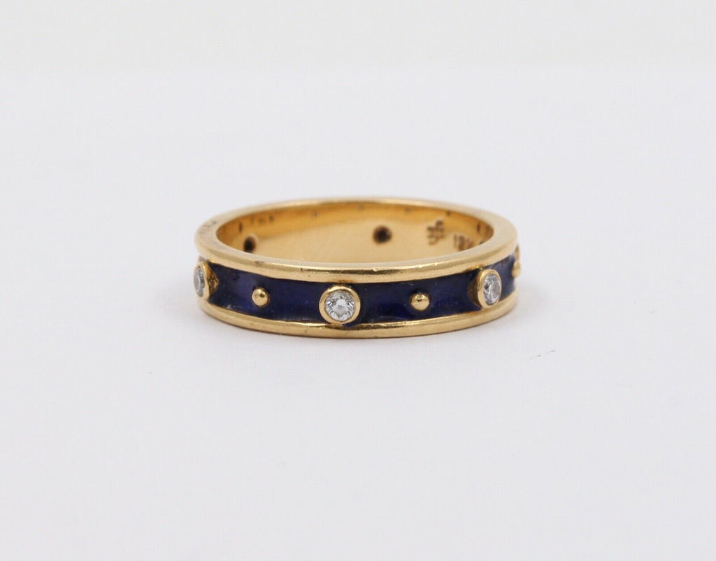 Vintage Ladies Diamonds 18K Yellow Gold Enamel Wedding Band Stacking Ring