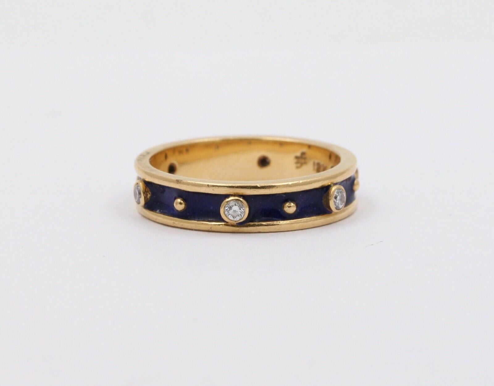 Vintage Ladies Diamonds 18K Yellow Gold Enamel Wedding Band Stacking Ring