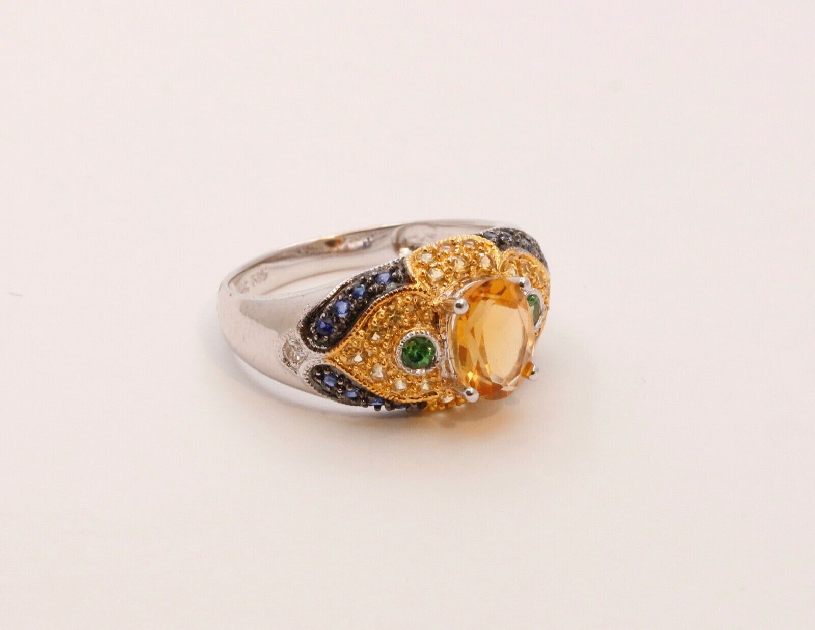 Citrine Blue Sapphires Cocktail Ring 14K White Yellow Gold Ring