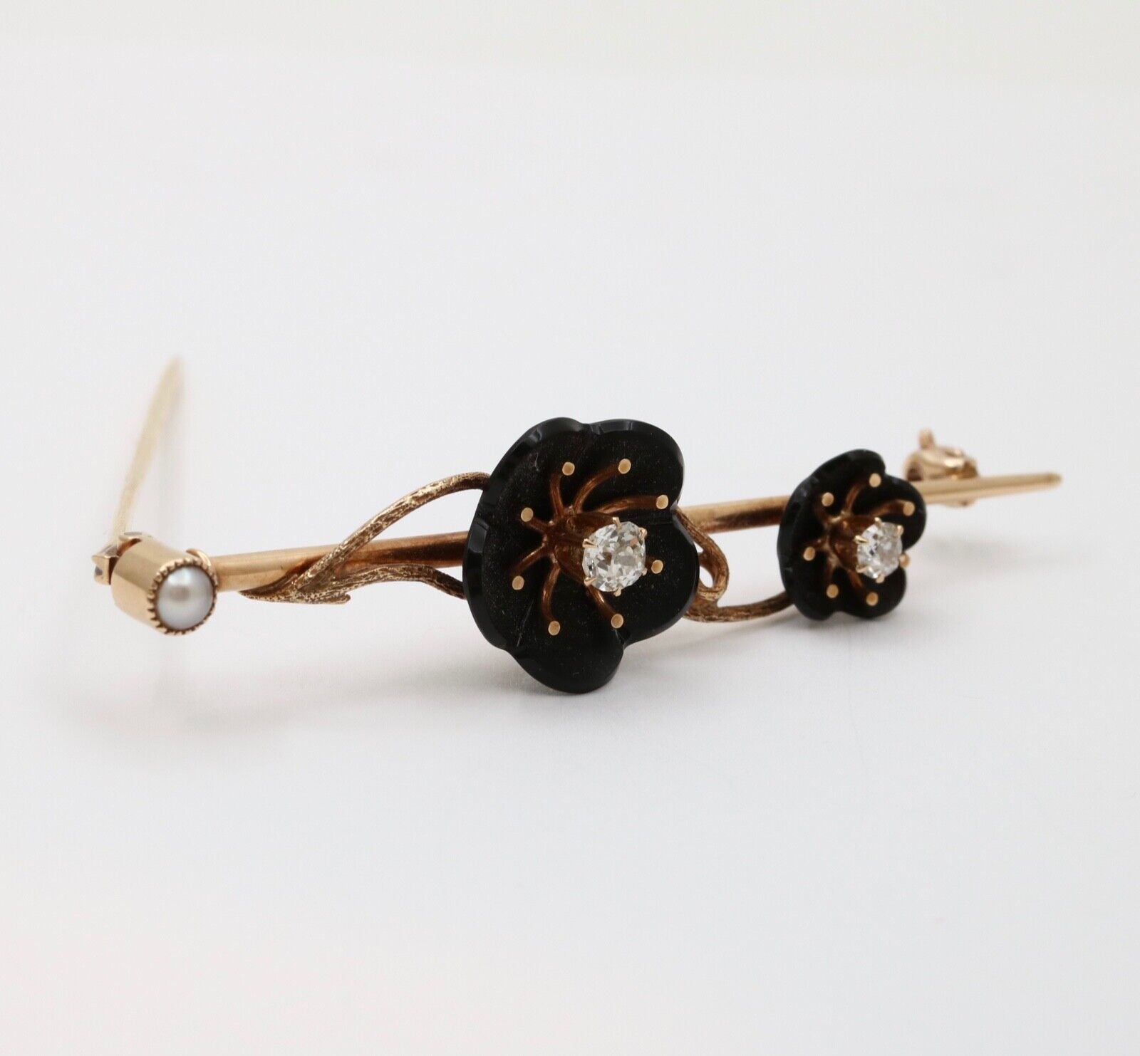 Vintage Diamond Flower 14K Yellow Gold Bar Pin