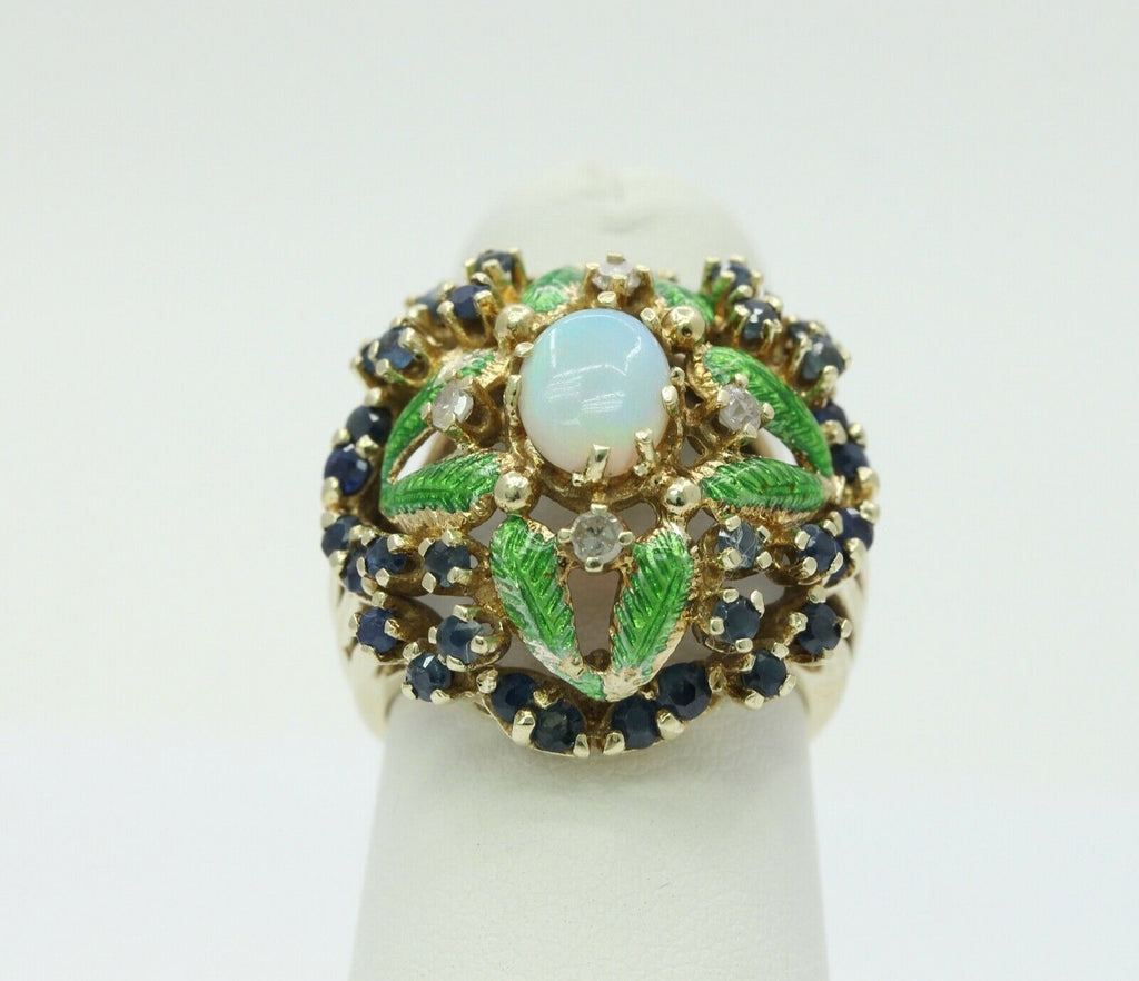 Vintage Cluster Ring 14K Yellow Gold Opal Sapphires Diamonds