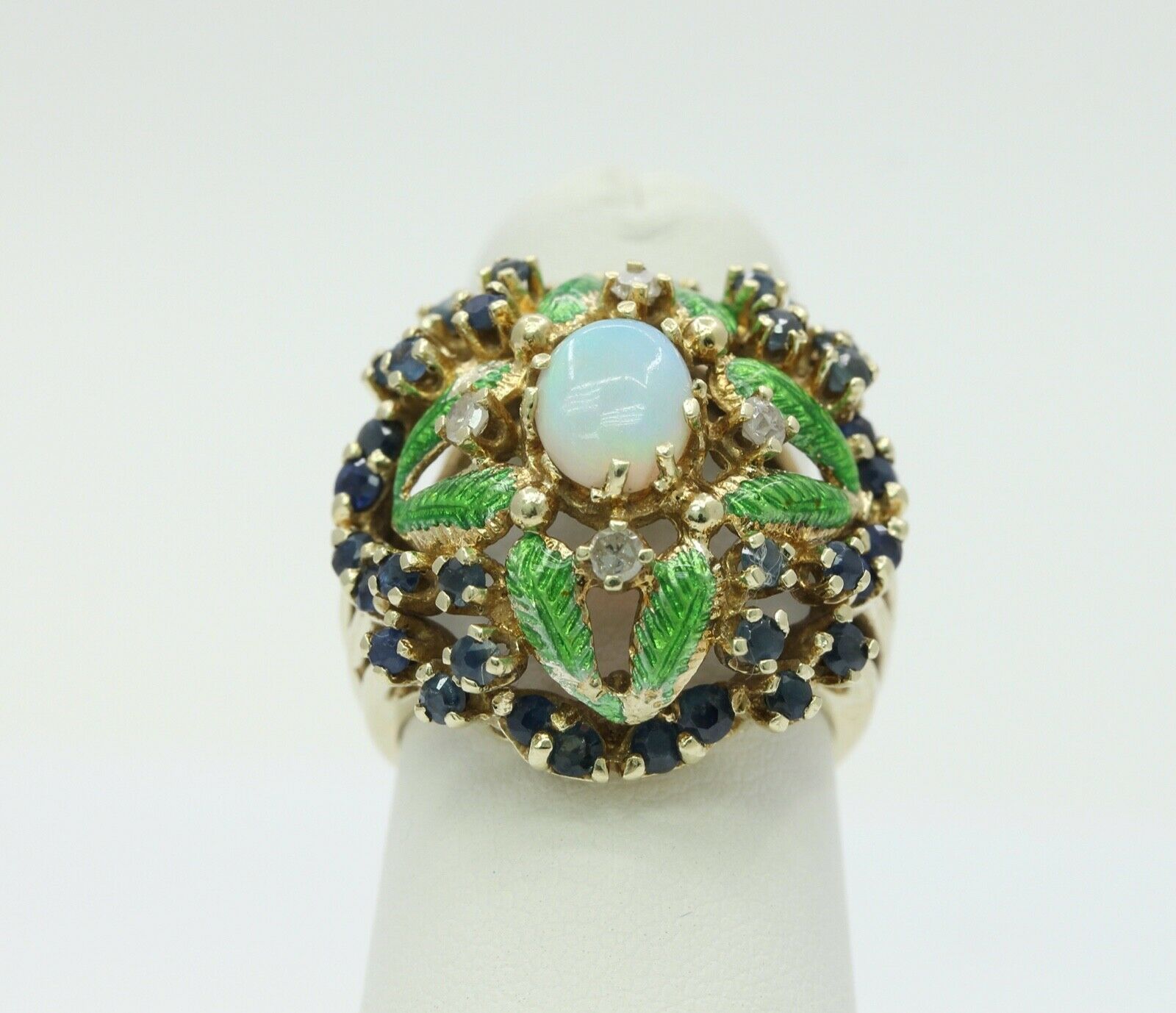 Vintage Cluster Ring 14K Yellow Gold Opal Sapphires Diamonds