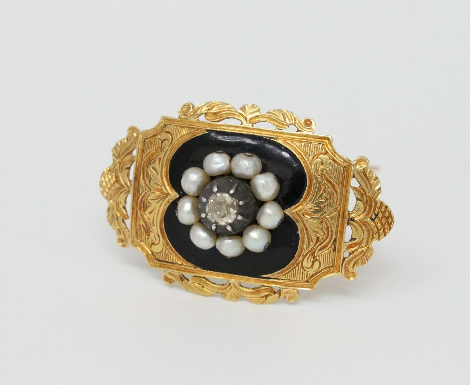 Victorian18K Yellow Gold Black Enamel Diamond Pearl brooch