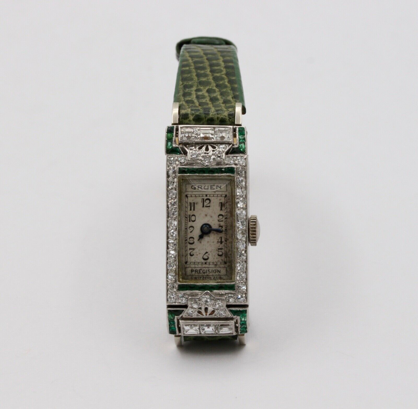 Art Deco Gruen Diamonds Emeralds Platinum Ladies Watch