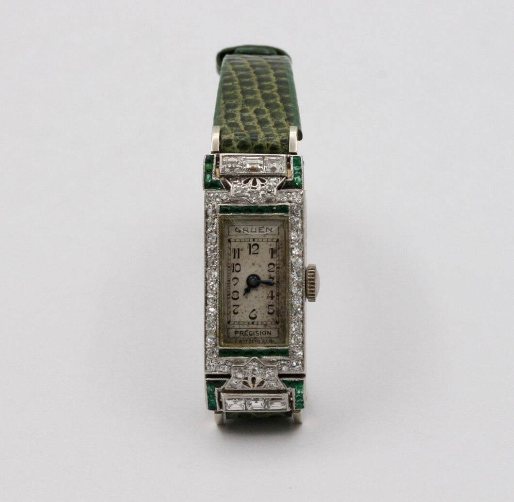 Art Deco Gruen Diamonds Emeralds Platinum Ladies Watch
