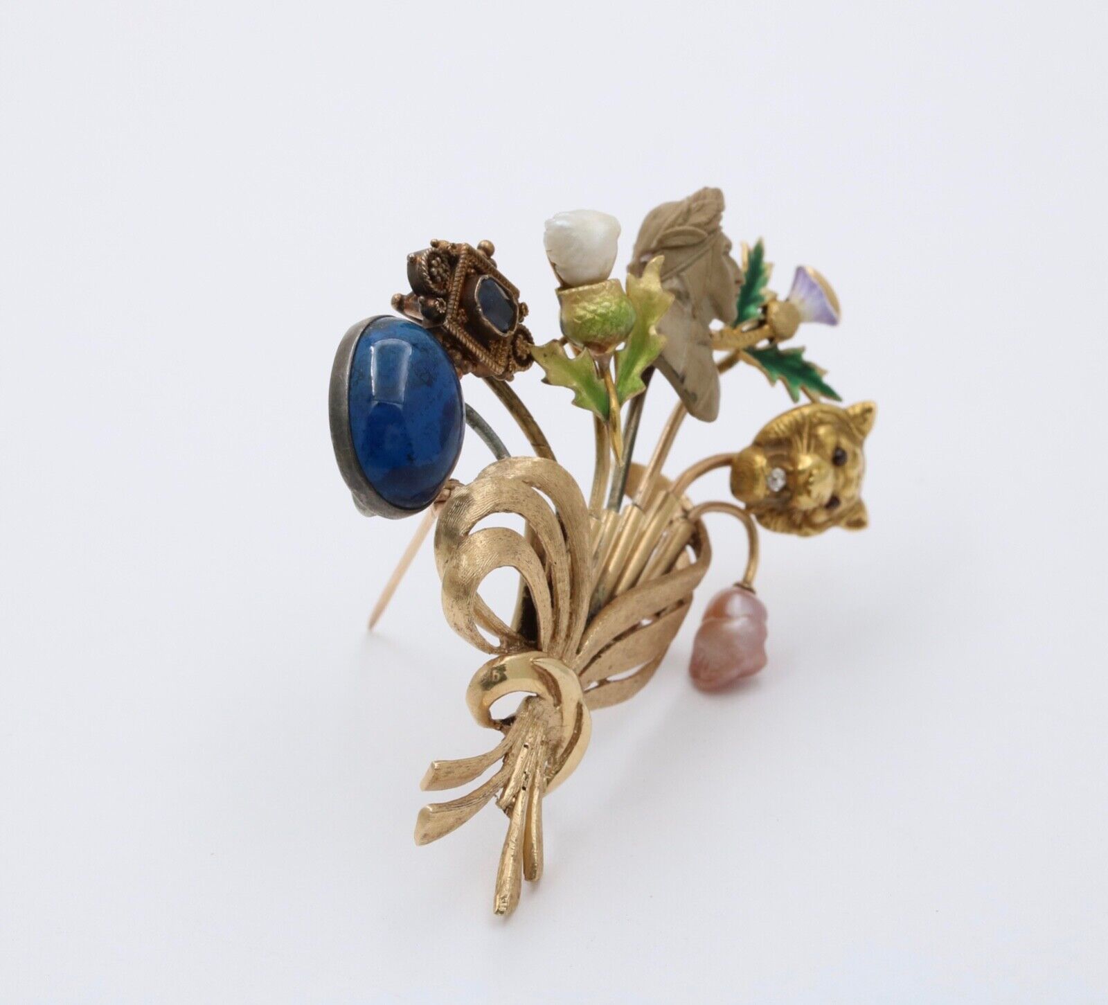 Vintage 14K Gold Stick Pin Conversion Brooch, Enamel Sapphire, Pearl.