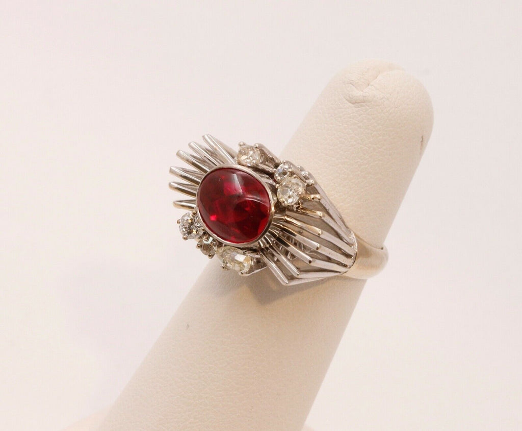 Beautiful Modernist Ladies Ruby Diamonds 14K White Gold Ring