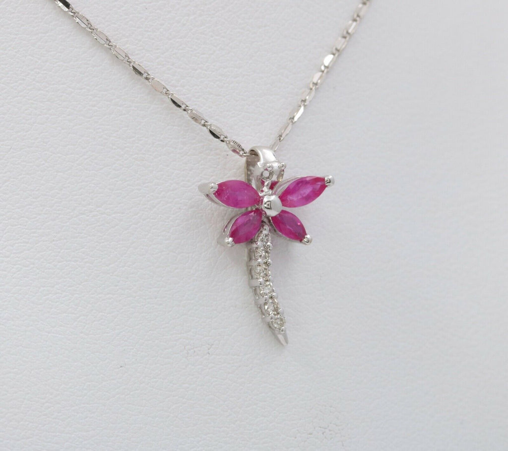 Sweet 14K White Gold Ruby Diamond Dragonfly Pendant Necklace
