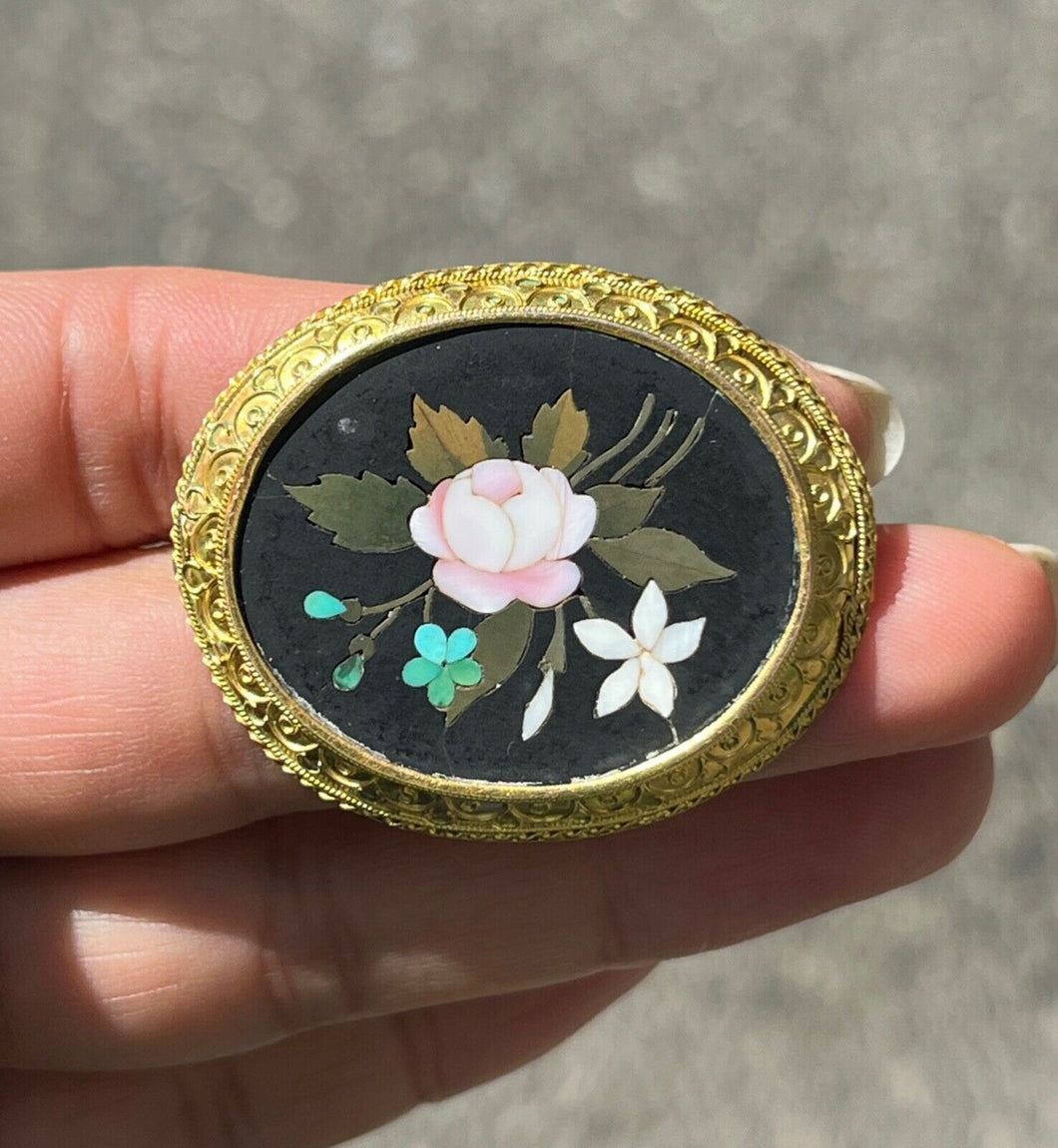 Antique 14K Yellow Gold Pietra Dura Mosaic Flower Bouquet Brooch. Pin