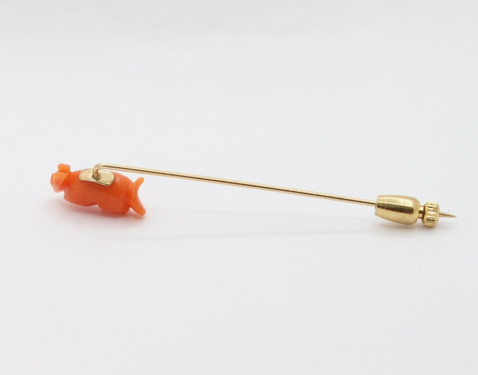 Vintage 14K Yellow Gold Carved Coral Mouse Stick Pin