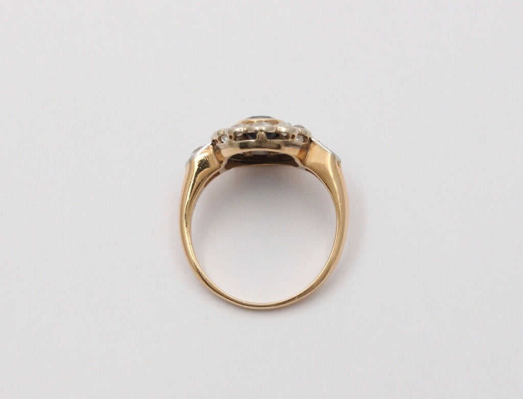 Art Deco Blue Sapphire Single Cut Diamonds 14K Yellow White Gold Ring