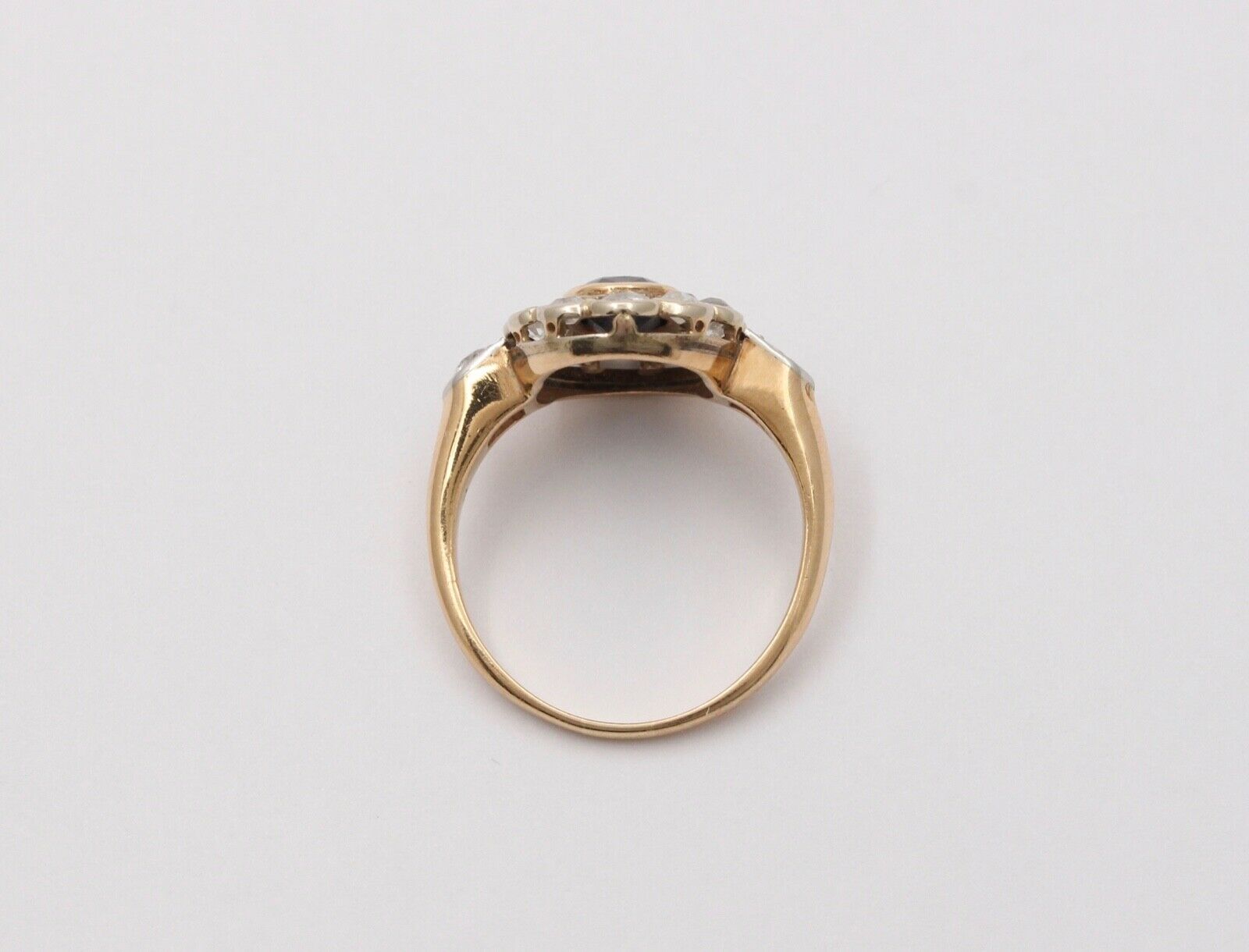 Art Deco Blue Sapphire Single Cut Diamonds 14K Yellow White Gold Ring