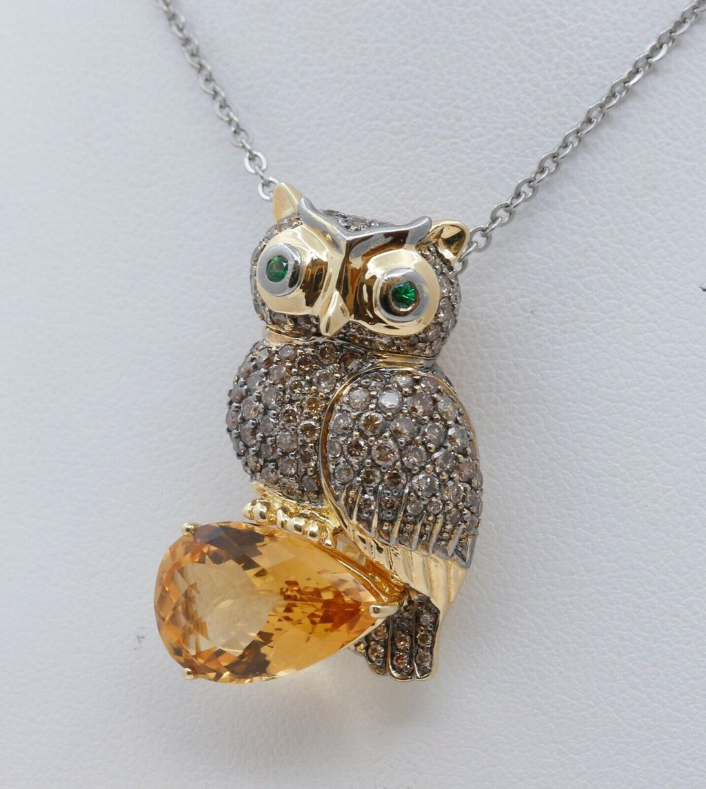 Vintage Owl Pendant 18K Yellow White Gold Citrine Diamonds Emeralds