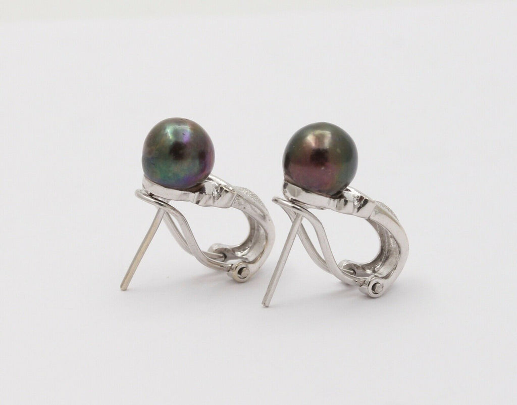 Vintage Tahitian Black Pearls Diamonds 14K White Gold Earrings