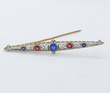 Load image into Gallery viewer, Art Deco 14K Sapphires Rubies Bar Brooch Pin
