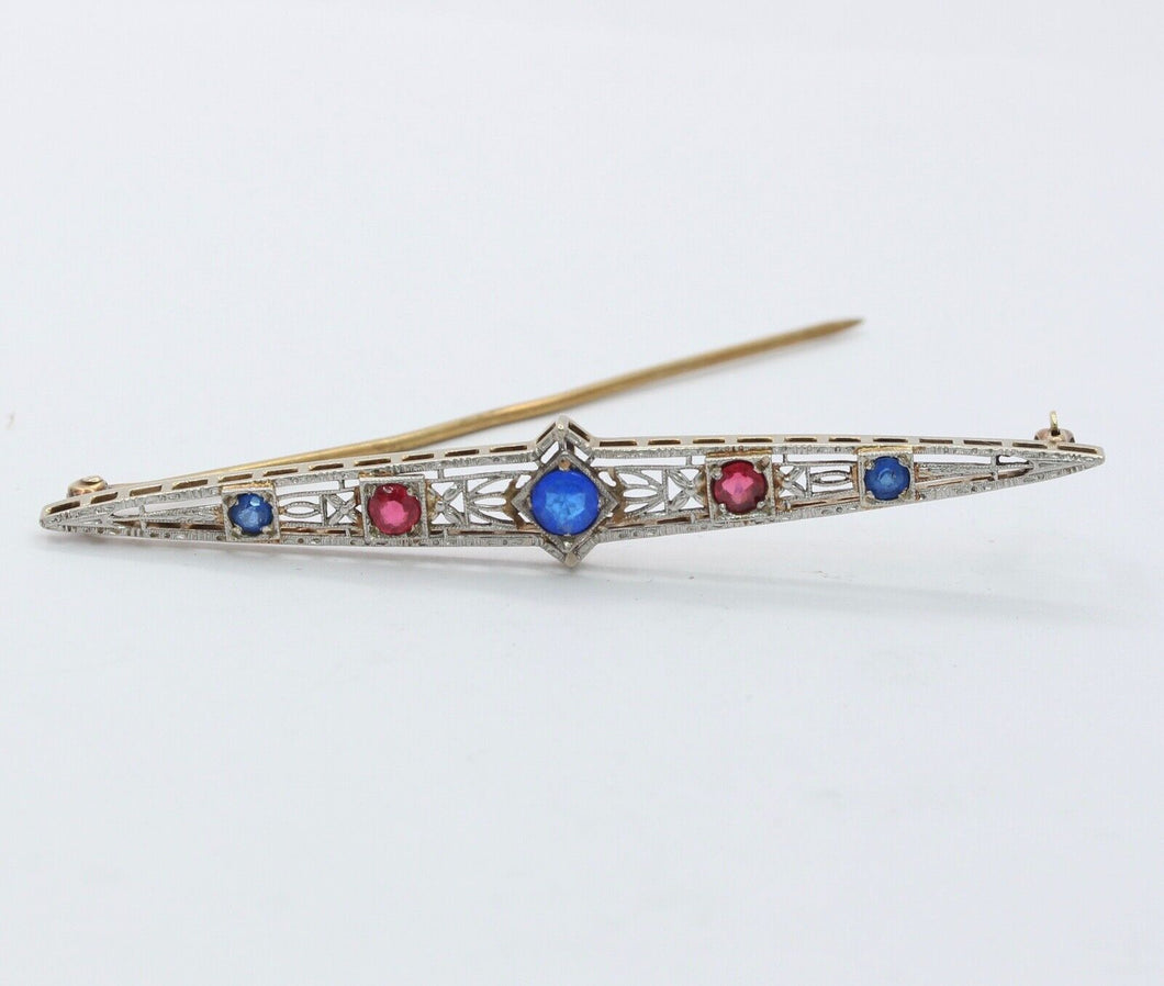 Art Deco 14K Sapphires Rubies Bar Brooch Pin